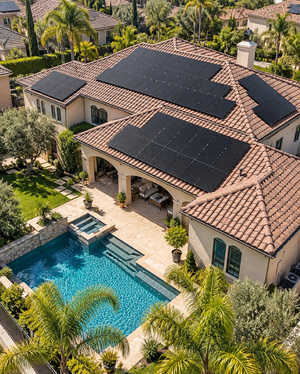 Aerial view of a large rooftop solar system on a Clovis-area home